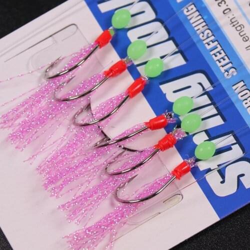 10bags 6 Flies Pink Flasher Bait Catcher Rig Makerel Sabiki Rigs Saltwater Artificial Fishing Hooks Lures Wholesale Size 8 10 18