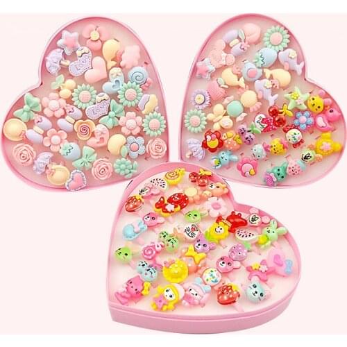 36Pcs Cartoon Kids Rings Set Kawaii Mixed Acrylic Resin Heart Flower Adjustable Ring For Girls Childrens Gifts Toys Jewelry Box