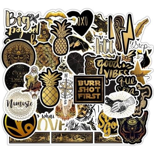 50Pcs Black Gold Laser Motorcycle Stickers Homemade Waterproof Vinyl Diy Refrigerator Phone Car Accessories Sticker