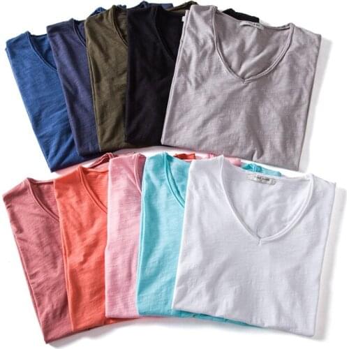 Brand Design Slim Fit 100% Cotton Women T-shirt Fashion Solid Color V-neck Summer T Shirt Female Tees Man Short Sleeve Tops