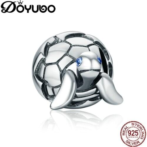 DOYUBO Cute Design Pure Silver Tortoise Shape DIY Beads Lovely Blue Cubic Zirconia Animal Charms New Fashion DIY Jewelry ADD039