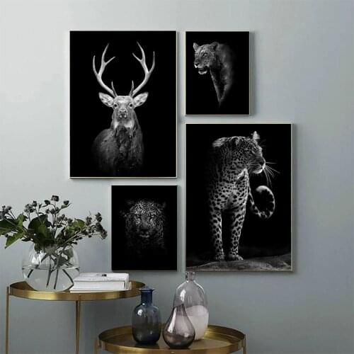Black White Animals Art Lions Leopard Deer Painting Canvas Art Posters and Prints Wall Pictures for Living Room Home Wall Decor