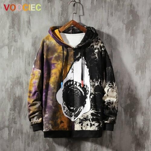 VOOCIEC Autumn Mens Hoodies Oversized Tie Dye Patchwork Shark Harajuku Japanese Streetwear Hip Hop Hoodie Men Sweatshirt Male
