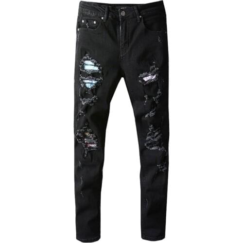 Mens Black Patch Design Patchwork Ripped Denim Jeans Slim Skinny Holes Destroyed Stretch Pants Trousers High Quality