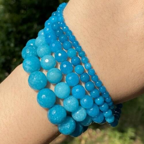 Wholesale Natural Faceted Blue Jades Stone Round Beads For Jewelry Making 4/6/8/10/12mm Spacer Loose Beads Diy Bracelet Necklace