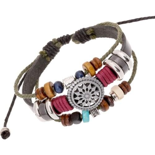Wholesale Set Braided Wrap Leather Bracelets for Men Women Vintage Wooden Beads Ethnic Tribal Wristbands Bracelet Rudder 2020