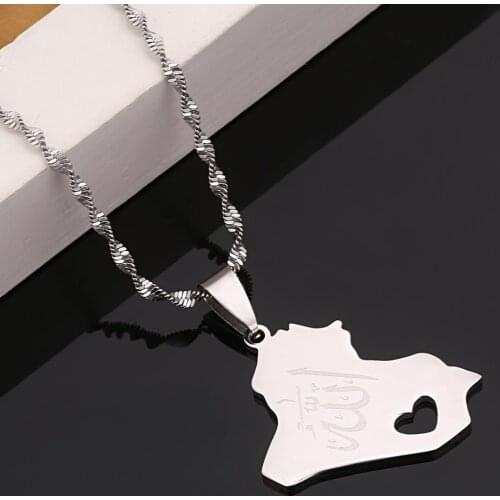Stainless Steel Silver Color Republic Of Iraq Map Pendant Necklace Allah Heart Charm Jewelry