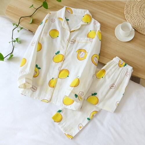 Female Spring Pajamas Cotton Gauze Long Sleeve Pajama Set Women Cartoon Print Lovely Lounge Wear Two Piece Sleepwear Set Pijamas