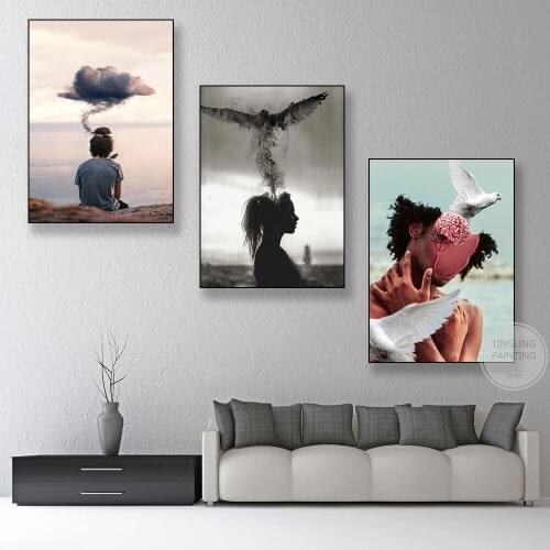 Birds and Black Cloud Flying Out of The Head Prints Free Thoughts Posters Creative Wall Art Canvas Living Bedroom Study Decor