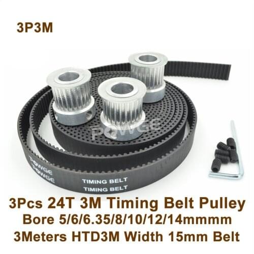 POWGE 3pcs 24 Teeth 3M Timing Pulley Bore5/6/6.35/8/10/12/14mm + 3meters HTD3M Belt W=15mm 24T 24Teh 3M Timing Belt Pulley Sets