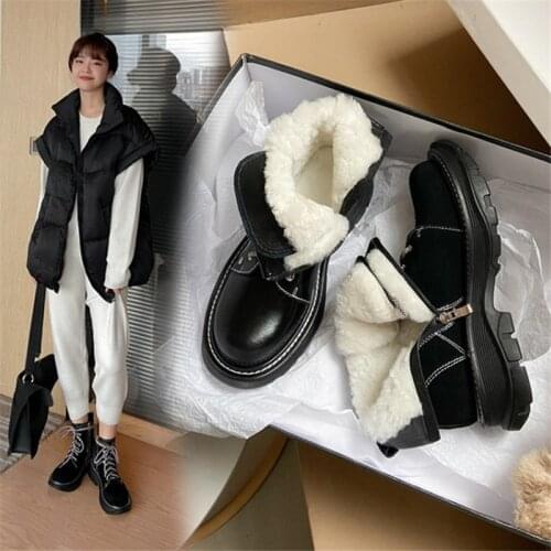 PXELENA Plus Size 34-42 Women Wool Fur Genuine Leather Snow Boots 2021 Winter Warm Non Slip Plush Shoes Chunky Heels Platform