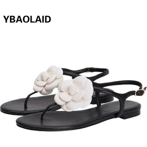 Camellia Flower Word with Flip Flops Low-heel Sandals and Slippers New Round Head Leather Flat Casual All-match Beach Shoes