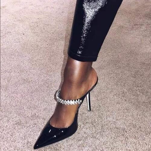 IPPEUM WomenFashion Black White Patent Leather Crystal Pointed Toe Slip On Pumps With Feminine Party Dress Shoes Thin High Heels
