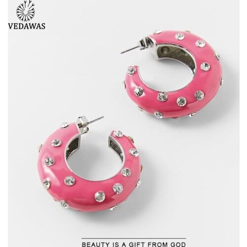 Vedawas 2021 ZA Enamelled Metallic Hoop Earrings for Women Trendy Purple Circle Crystal Stud Earrings Accessories Jewelry Gifts