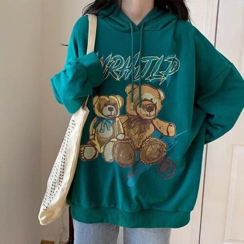 Spring Fashion Cute Teddy Bear Print Harajuku Hoody Women Sweatshirt Coat Loose Autumn Pullover Lady Clothes Punk Hoodie Female