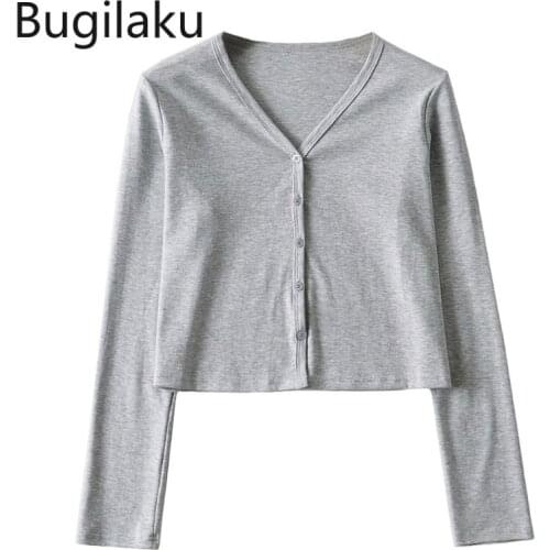 Bugilaku Vintage V Neck T Shirt Women Long Sleeve Single Breasted Tshirts Solid Color Casual All-match Tops Lady Graphic Tees