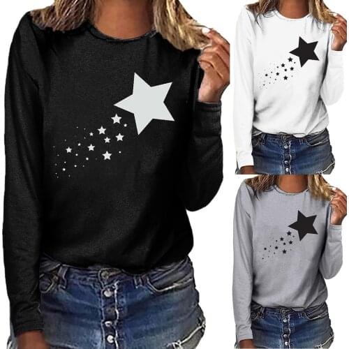 Womens Y2k T-shirt Star Printed Casual Loose Round Neck Long Sleeve Tops Harajuku Autumn Clothing Ladies Clothes Blusa Feminina