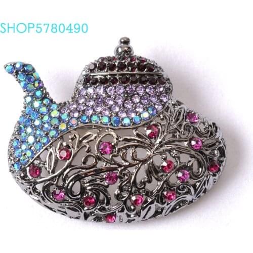 Vintage Jewelry Rhistone Large Elegant Brooch for Women Teapot Brooch Crystal Pin Black Painted Garments Accessories Lady Gifts