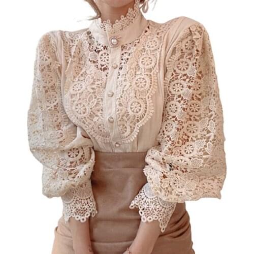 PERHAPS U Women Vintage Hollow Lace Lantern Sleeve Pearl Button Stand Collar Long Sleeve Shirt B3019