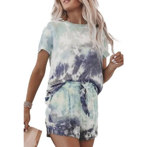 Womens Casual Loose Tie Dye Colorful Clothing 2Pcs Sets Lady Short Sleeve Pullover Crew Neck Top + High Waist Drawstring Shorts