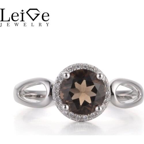 Leige Jewelry Brown Color Natural Smoky Quartz Gemstone Round Cut Prong Setting Halo Rings For Woman Engagement Vintage Rings