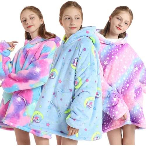 2021 Winter Girl Sleepwear Thicken Warm Hooded Sherpa Blankets Oversized Plush Fleece Girl Hoodie Sweatshirt Height 120-160cm