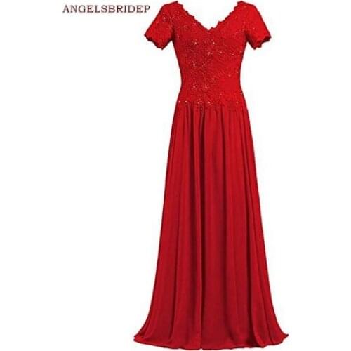 ANGELSBRIDEP V-Neck Long Evening Prty Gowns Applique Beaded Short Sleeves Vestidos de festa Formal Abendkleider Prom Dresss