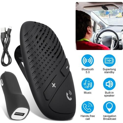 Bluetooth 5.0 Handsfree Car Kit Sun Visor clip Wireless Audio Receiver Speakerphone Loud Speaker Music Player