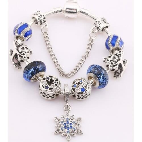 European Bracelets Glass Crystal Blue Star Carriage Charms Snowflake Pendant DIY Girls Bracelet Precious Jewelry Gift