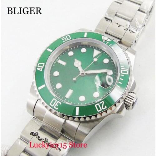 Nologo Mechanical Mens Watch With Sapphire Glass Green Dial 40mm Silver Color Watch Case Mental Strap Date Window