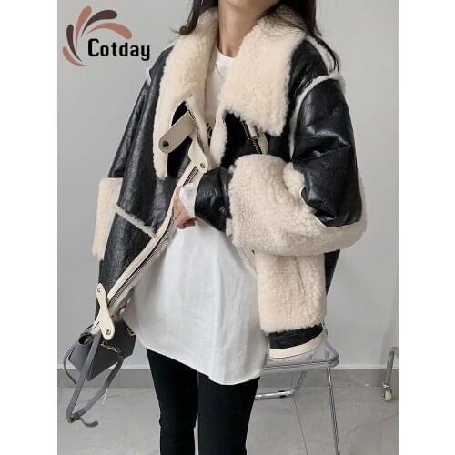 Cotday Long Sleeve 2021 New Fashion Fur Body Coat Women Jacket Lamb Fur Grass Short Leather Motorcycle Women Winter Coats