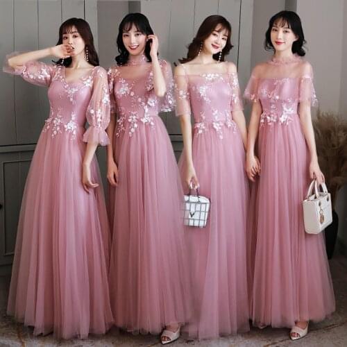 Bridesmaids Dresses Illusion Boat Neck A-Line Embroidery Floor-Length Lace Tulle Off The Shoulder Women Wedding Party Gown E219