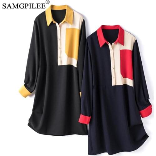 Dresses For Women 2021 New Spring And Autumn Patchwork Elegant Big Pocket Long Sleeve Polo Collar Plus Size Woman Dress 4XL