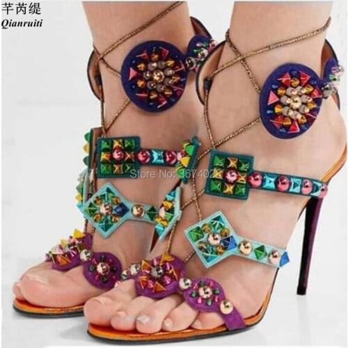 Qianruiti Women Gladiator Colorful Spikes Sandals Caged Peep Toe High Heels Rivets Stilettos Patchwork Sandals Lady Shoes women