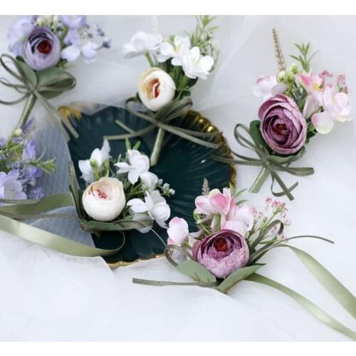 Bridal Broom Corsage & Wrist Flower Bridesmaid Charm Silk Boutonniere Hand Flower Bracelet For Wedding Marrige Party Accessories