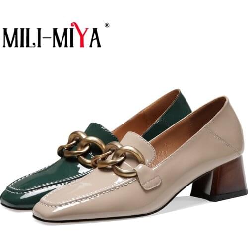 MILI-MIYA Fashion Square Toe Women Cow Patent Leather Pumps Slip On Thick Heels Solid Color Dress Party Street Shoes Size 34-42