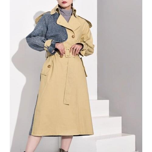 2020 New Collection spring windbreaker Women Fashion Lapel Long Sleeve Denim Splice Loose Long Big Size Jacket Women Autumn Coat