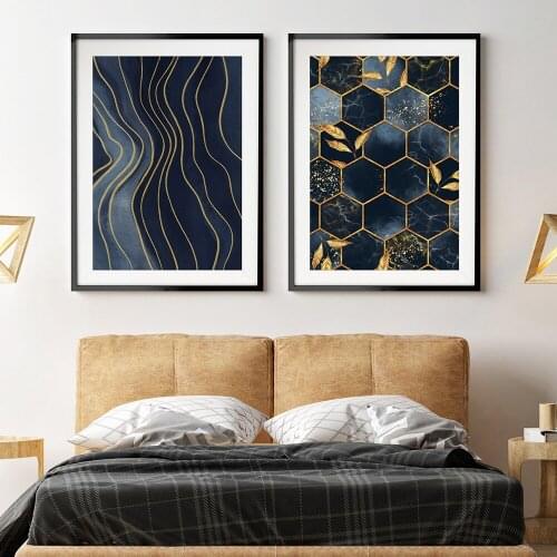 Abstract Blue Gold Leaf Line Posters Nordic Canvas Painting Modern Wall Art Print Pitures for Living Room Minimalist Decoration