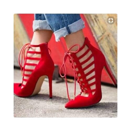 Sexy Red Suede Wedding Shoes Bride Pointed toe Lace-up Cut-out Strappy Sandals Hollow Women Shoes High Heels Customized Size 10