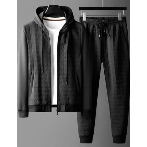 Black Male Sets (jacket+pants) High Qaulity Autumn Zipper Hooded Mens Jackets Fashion Elastic Wsiat Slim Fit Man Pants