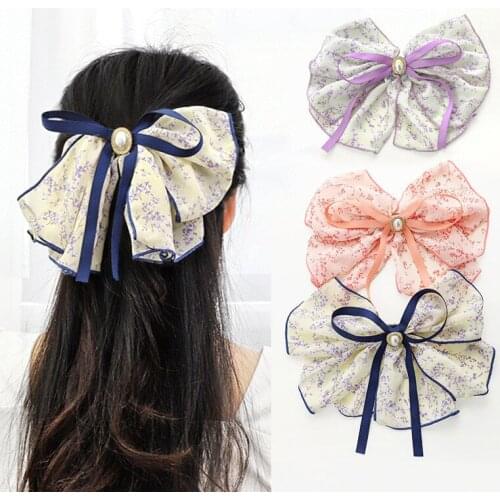 Floral Big Bow Hairpin Fabric Chiffon Temperament Back Head Spring Clip For Women