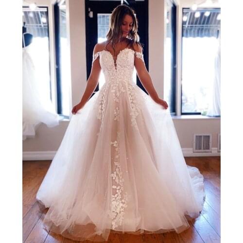Elegant Long Off Shoulder Lace Wedding Dresses A-Line Court Train Corset Back Tulle Robes De Mariée Bridal Gown For Women