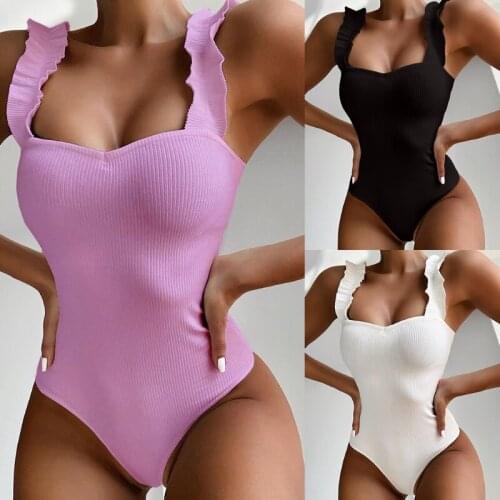 Sexy Swimsuit Women Ruffle Swimwear Halter Push Up Slimming Summer Solid Color Beach Swimming Bathing Suit