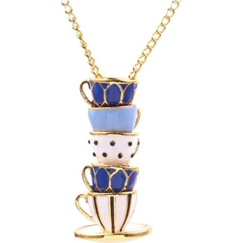 Hot Fashion Women Hand Painted Enamel Teacup Pendant Necklace Long Chain Jewelry Gift
