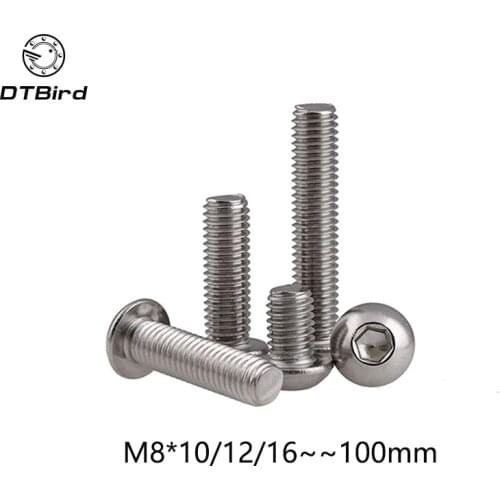 M8 Bolt A2-70 Button Head Socket Screw Bolt SUS304 Stainless Steel M8*(10/12/16/20/25/30/35/40/45/50/55/60/65/70/75/80~100) mm