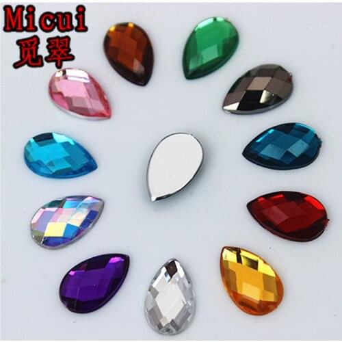 Micui 100pcs 8*13mm Mix Color Drop Rhinestones Flat Back Acrylic Gems Crystal Stones Non Sewing Beads for DIY Clothes MC716