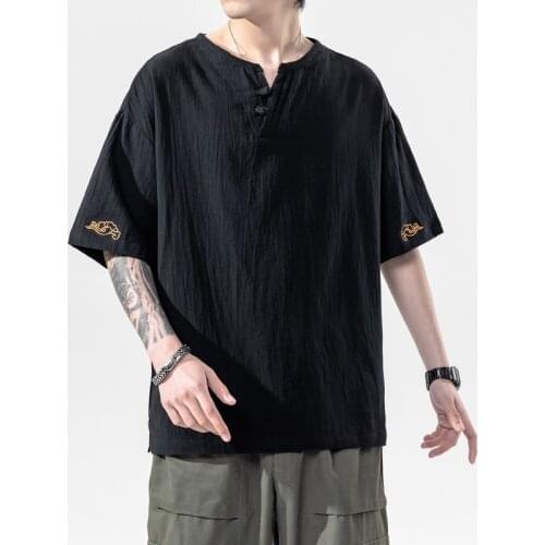 Summer Men Linen Shirt Chinese Style Retro Casual V-Neck Top Plus Size Embroider Traditional Asian Tang Suit Tops For Man 11163