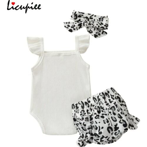 0-18 Months 3pcs Baby Summer Outfits Solid Ruffle Sleeves Romper + Leopard Print Shorts + Hairband for Toddler Girls