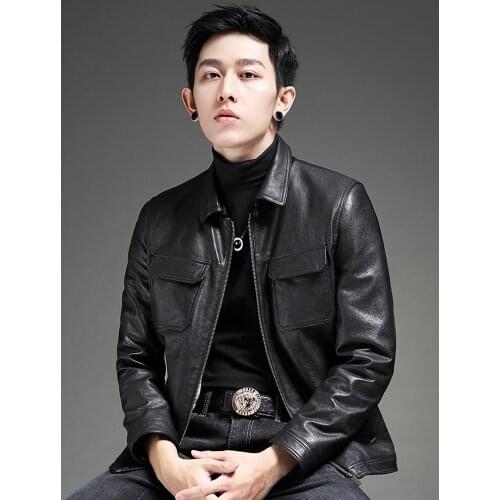 Genuine Leather Clothes Mens Lapel Autumn Slim Fit Motorcycle Clothing Sheep Skin Jacket Coat