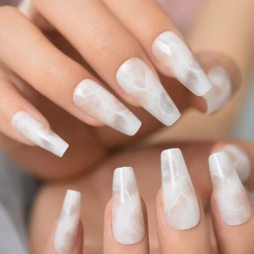 Orginal White Smoke Nails Design Full Cover Nails Coffin Extra Long Supplie For Professionals Gels Nails Art Fingernails Tip Set
